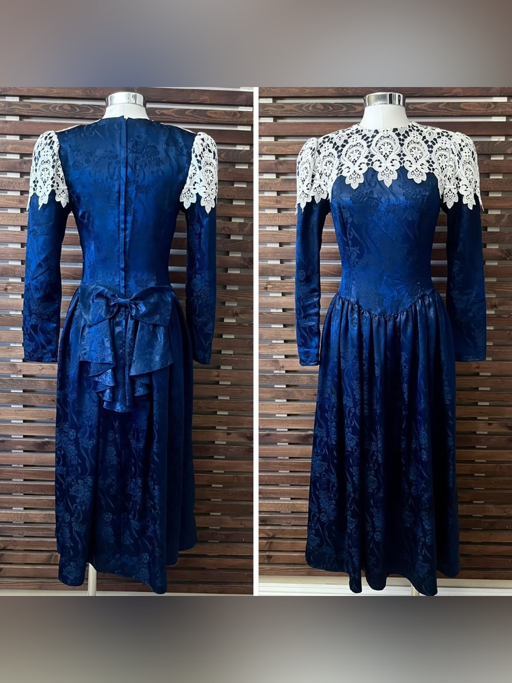 1980s Vintage Scott McClintock Blue Jacquard Satin & White Crotchet Dress Bow 4
